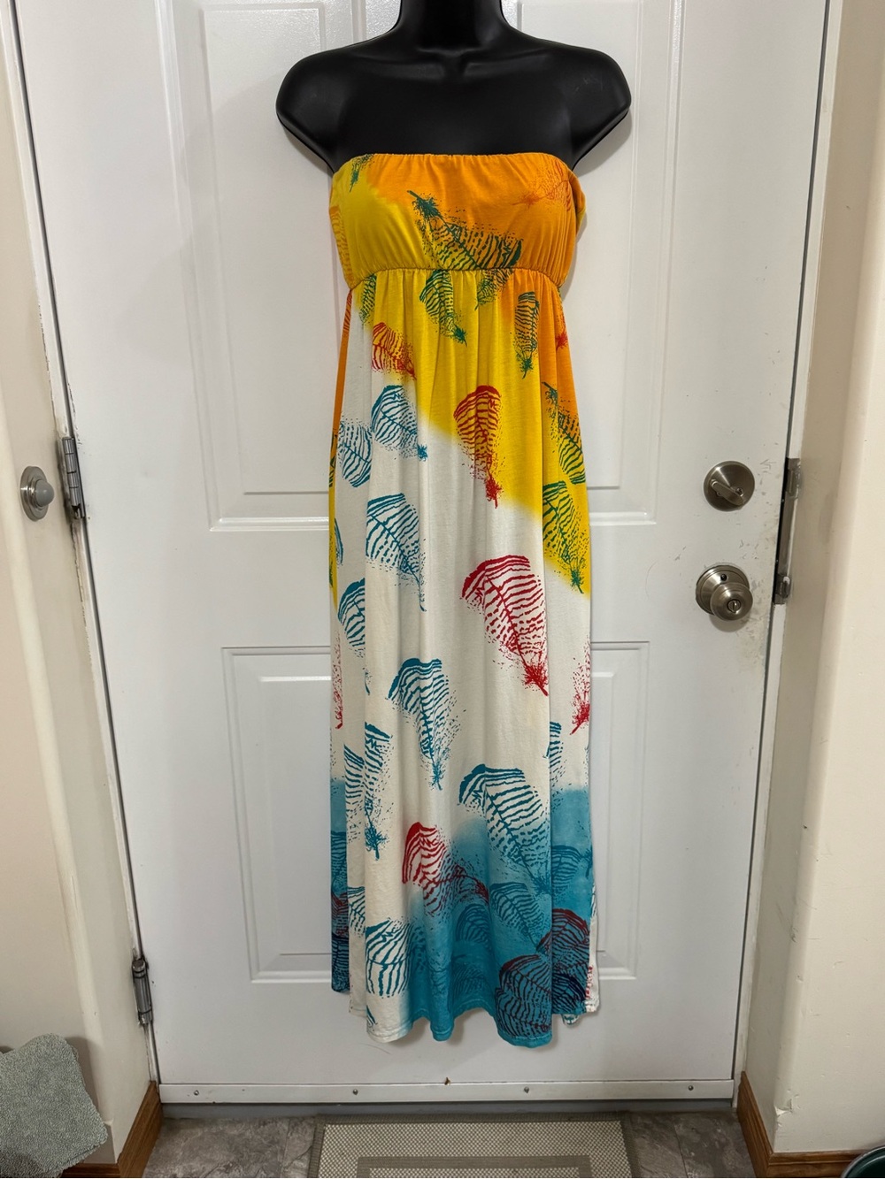 Strapless Tropical Shell Print Maxi Dress - Yellow, Teal, Red